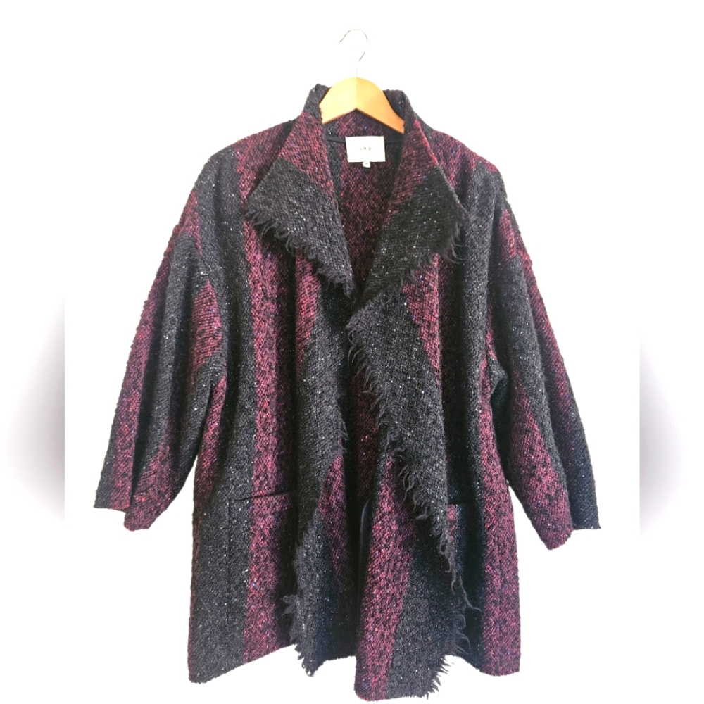 IRO Beverly Black Burgundy Wool Blend Stripe Open Front Coat Size 8 - Picture 2 of 6